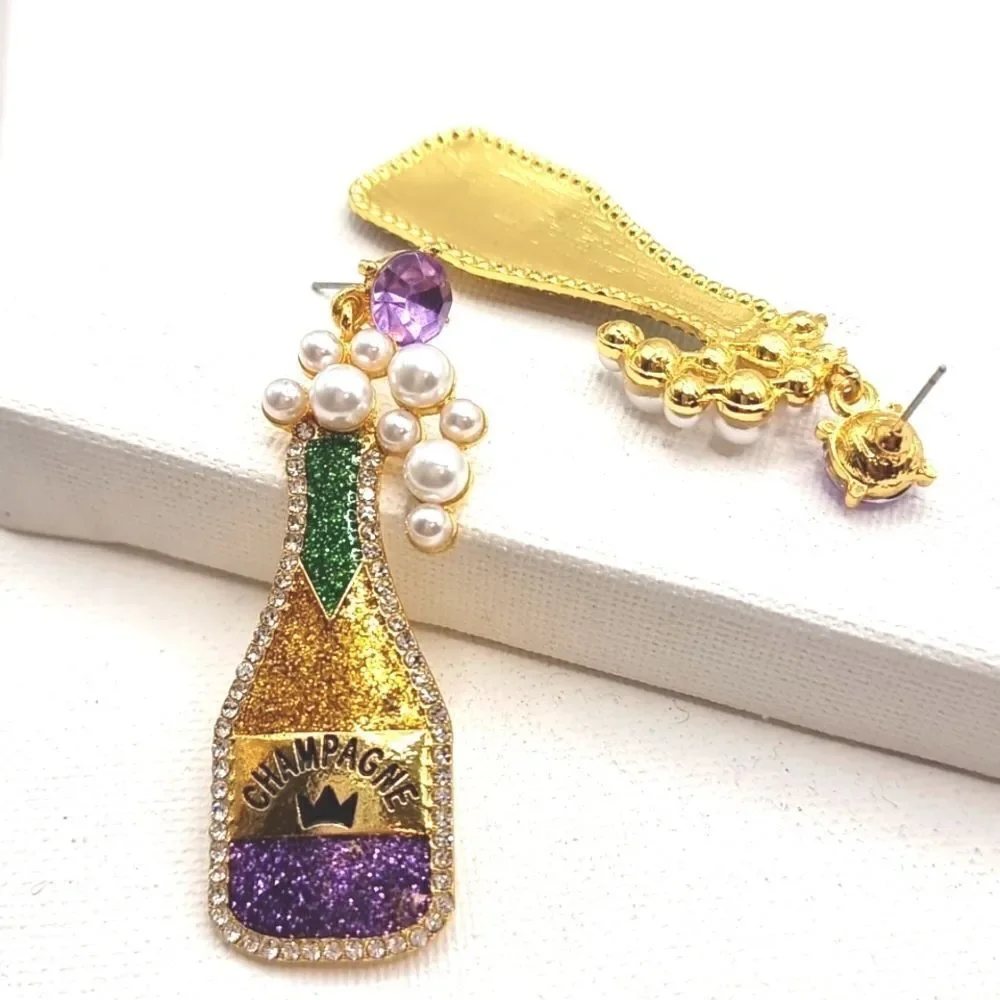 Mardi Gras Chamagne cocktail earrings Rhinestone Pearls |  NEW